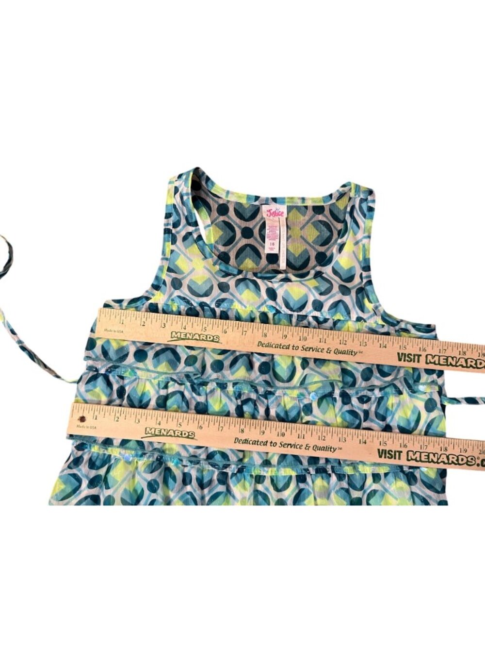 Justice Girls 16 Sleeveless Tiered Blouse Blue Lime Shimmer Ruffle Top Used - Picture 7 of 16